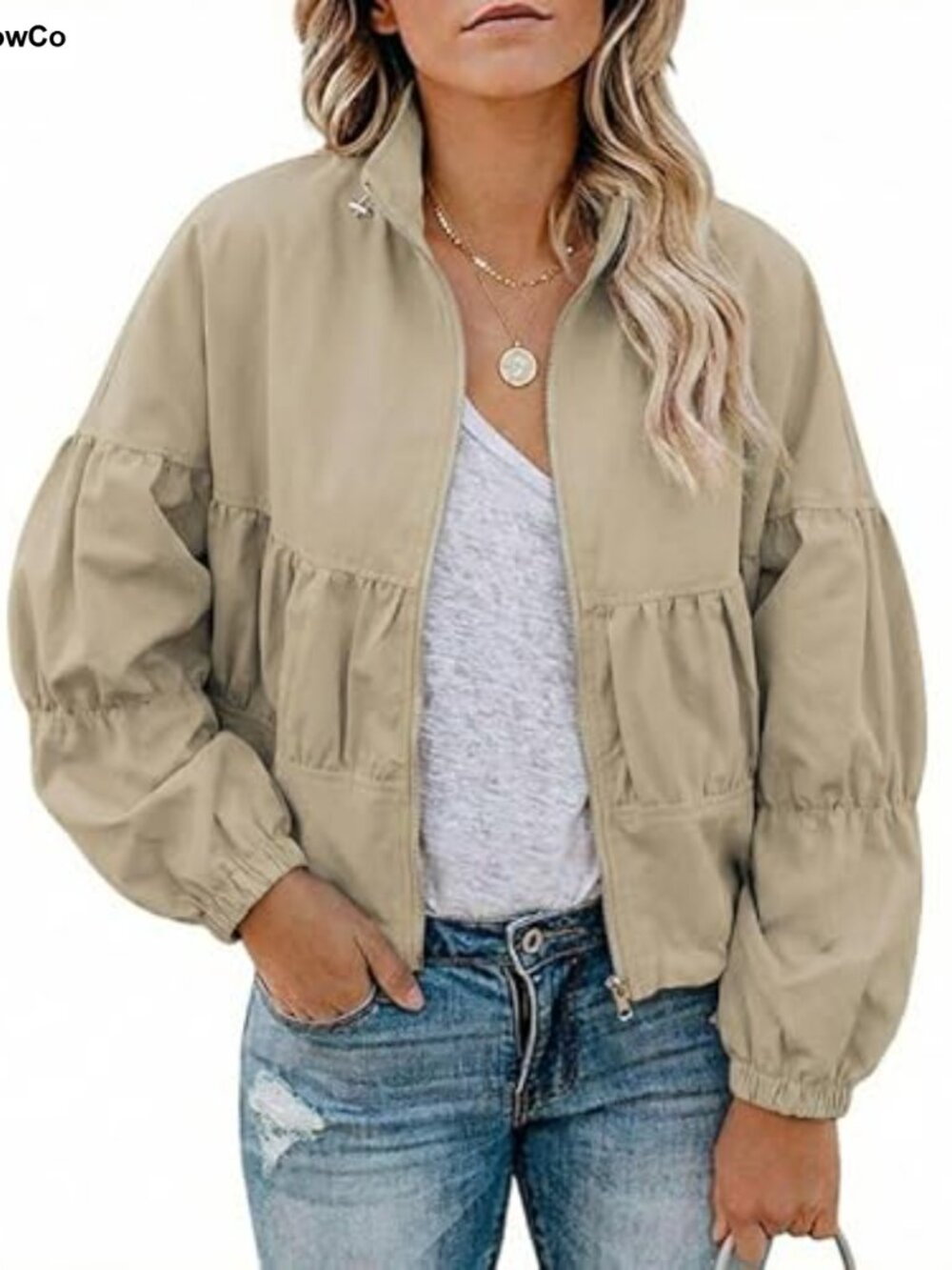 Cropped Bomber Jacket Women Streetwear Balloon Sleeve